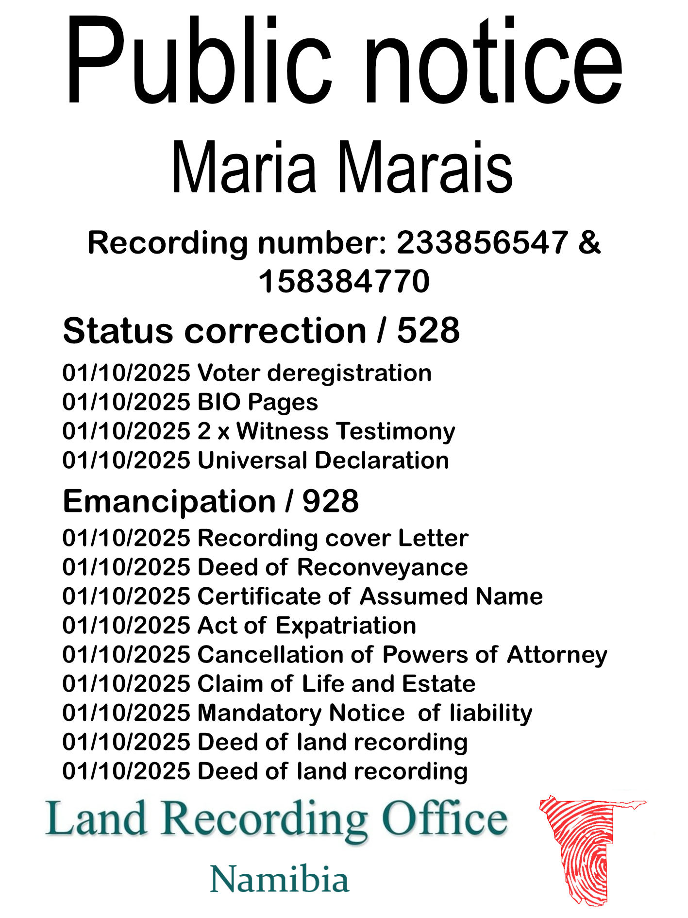 Public notice Maria Marais Recording number 233856547 & 158384770